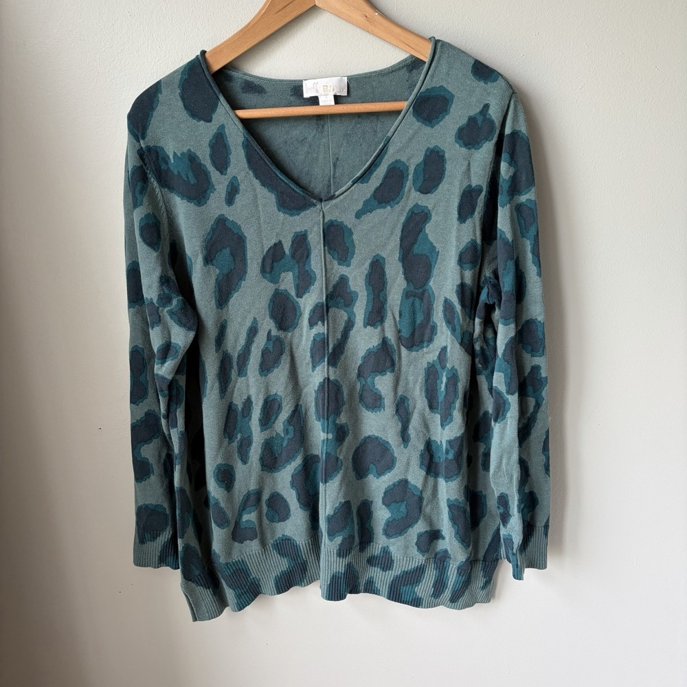 Belle by Kim Gravel Big Cat Relaxed Tunic Sweater Peacock Size Small Blue